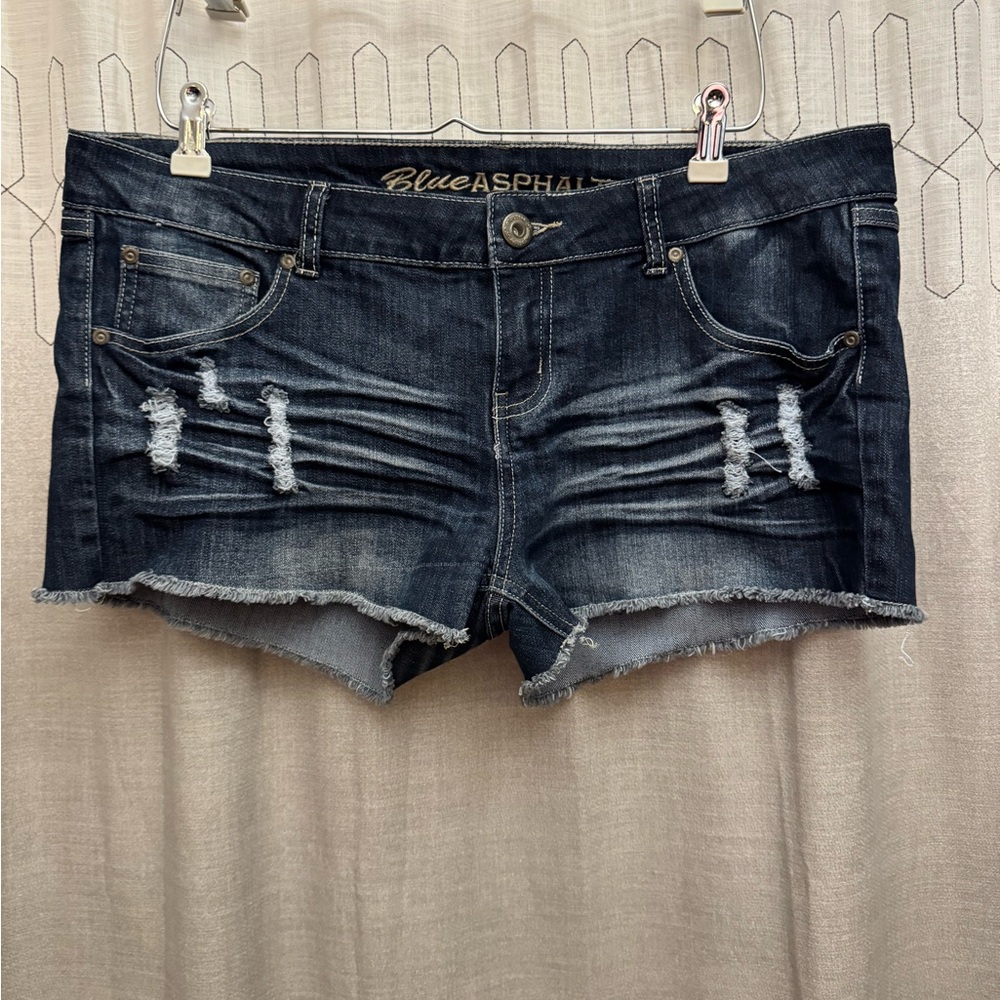 Blue Asphalt Dark Wash Distressed Denim Jean Shorts